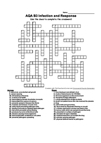 AQA B3 Infection and Response Crossword Teaching Resources