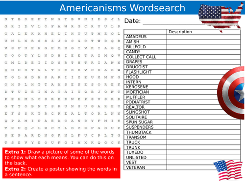Americanisms Wordsearch Puzzle Keywords Settler Starter Cover Lesson ...