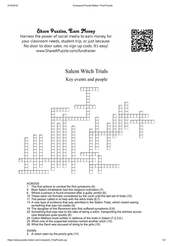 Salem Witch Trials Crossword Teaching Resources