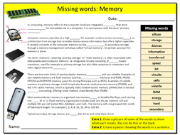 computer activity memory computing keywords ks3 gcse cloze ict starter missing sheet words tes