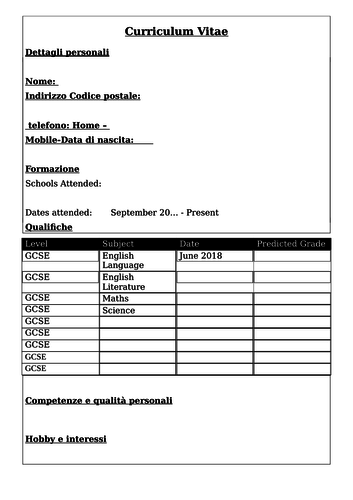Italian translation of CV template. | Teaching Resources
