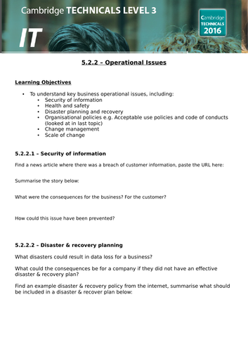 OCR Cambridge Technicals in IT - Unit 1 - 5.2 Operational Issues