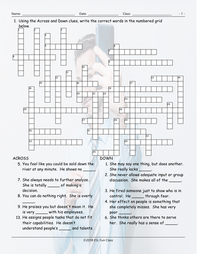 Bad Bosses Crossword Puzzle Teaching Resources