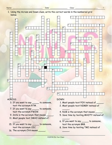 Cell Phones Texting Acronyms Crossword Puzzle Teaching Resources