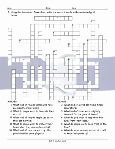 Clothing Accessories Footwear Crossword Puzzle Teaching Resources