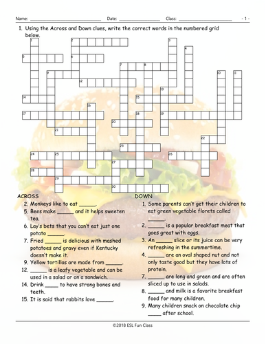 Food Items Crossword Puzzle  Teaching Resources