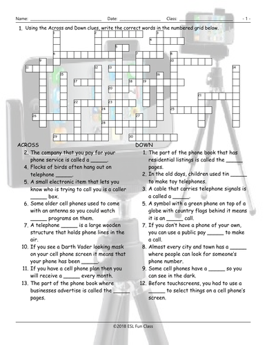 Telephones Crossword Puzzle Teaching Resources