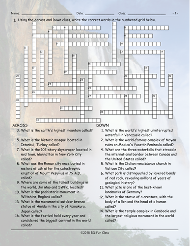 Tourist Attractions Around The World Word Crossword Puzzle Teaching