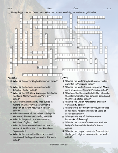 Tourist Attractions Around The World Word Crossword Puzzle | Teaching