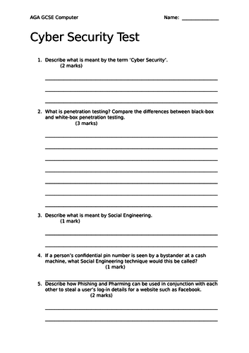 Cyber Security Test for AQA 8520 GCSE Computer Science | Teaching Resources