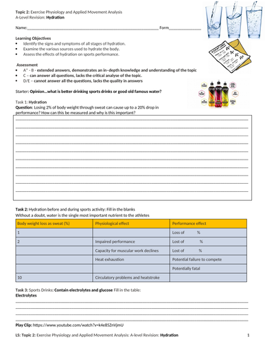 A-level PE: Hydration Revision | Teaching Resources