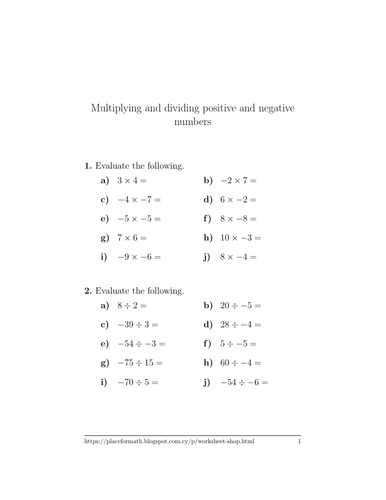 Multiplying and dividing positive and negative numbers worksheet 3 ...