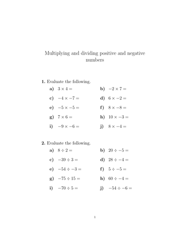 Multiplying and dividing positive and negative numbers worksheet 3 ...