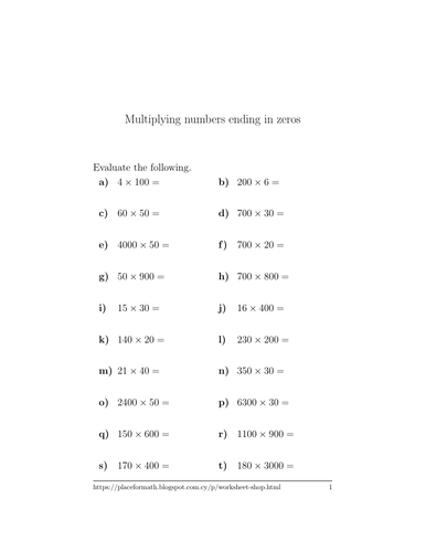 multiplying numbers ending in zeros worksheet with answers teaching resources