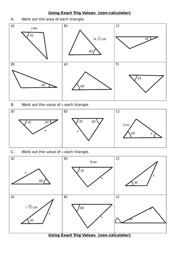 Sine rule , cosine rule including exact trig values for non-calculator