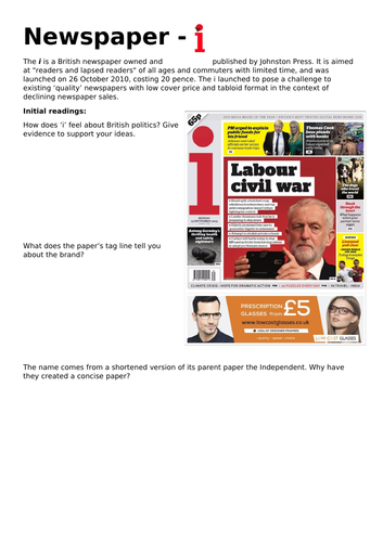 AQA AS Media CSP - i Newspaper - Workbook and teacher notes