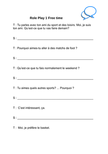 French GCSE Higher free time role play | Teaching Resources