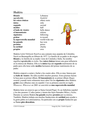 Shakira Biografía - Spanish Biography and Worksheet on Famous Colombian Singer