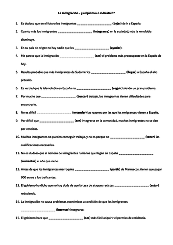 Spanish A Level subjunctive practice: sentences about inmigración, subjunctive or indicative?