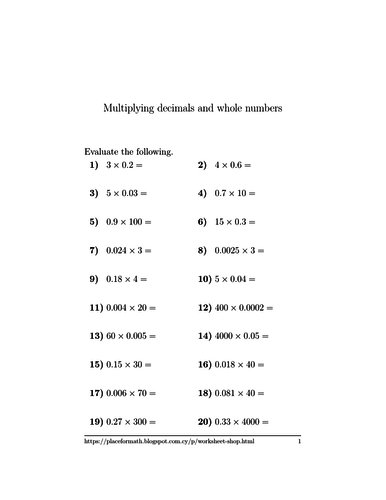 multiplying decimals and whole numbers worksheet with