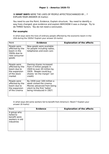 AQA 8145 America 1920-73 - "In what ways" revision sheet | Teaching ...