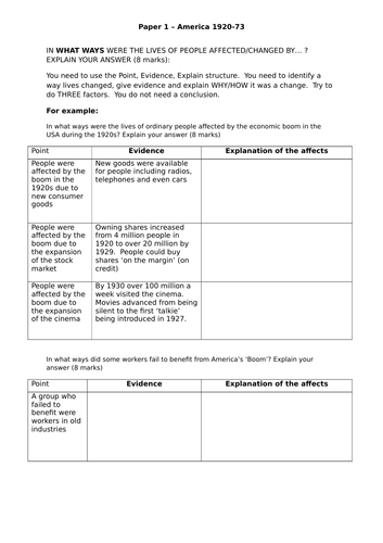 AQA 8145 America 1920-73 - "In what ways" revision sheet