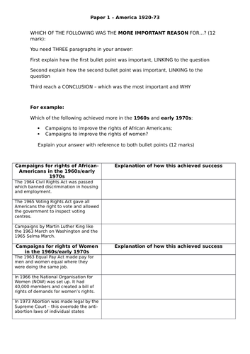 AQA 8145 America 1920-73 - 12 mark bullet point essay revision sheet