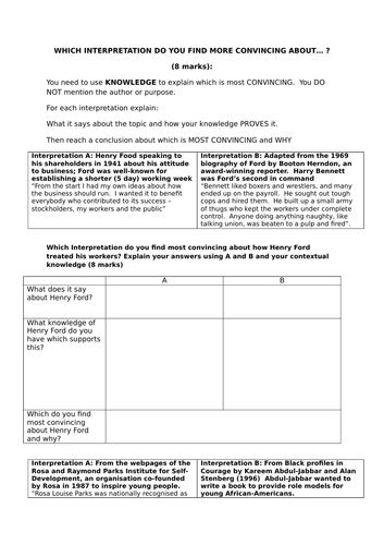 AQA 8145 America 1920-73 - which interpretation do you find more convincing revision sheet