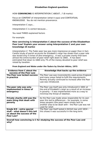 AQA 8145 - Elizabethan England how convincing question revision sheet
