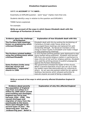 AQA 8145 - Elizabethan England write an account question revision sheet