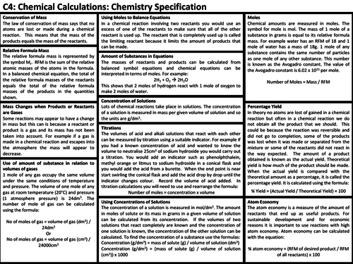 C4 Chemical Calculations Knowledge Organisers: AQA GCSE Revision