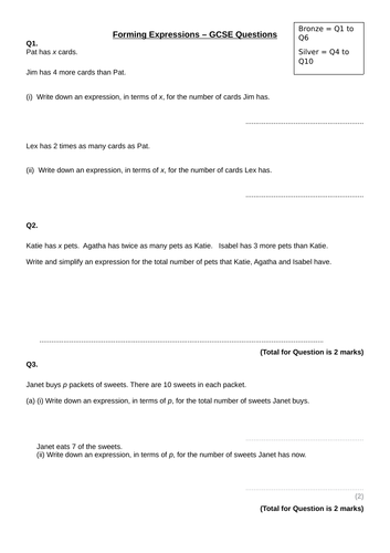 Forming Expressions - Complete Differentiated Lesson KS3 or KS4