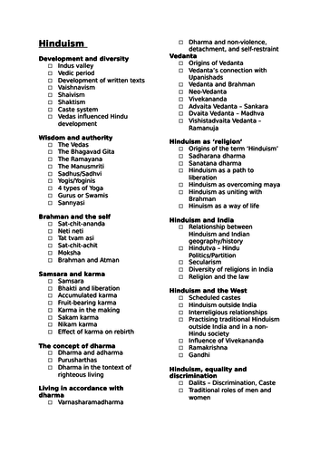 OCR A-Level Developments in Hindu thought Checklist.