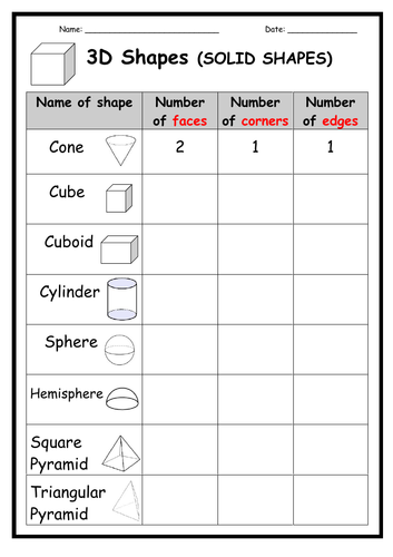 Properties of 3D Shapes - Worksheet