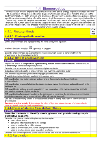 AQA: GCSE (1-9): Biology: 4.4  Bioenergetics Tick List