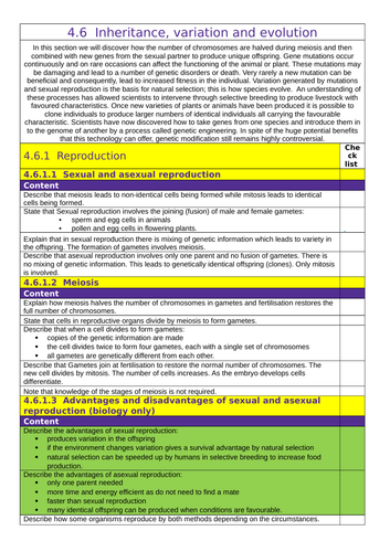 AQA: GCSE (1-9): Biology: 4.6  Inheritance, variation and evolution  Tick Lis