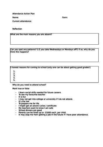 6 week student attendance action plan - reflection / pastoral care ...