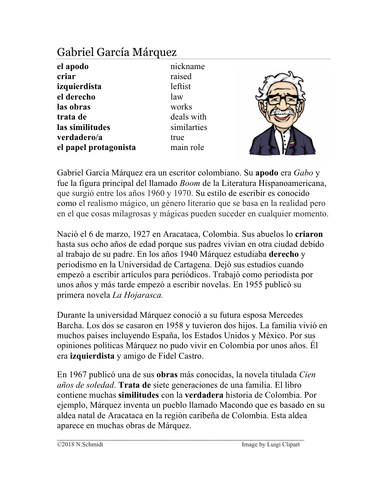 Gabriel García Márquez Biografía - Biography of Garcia Marquez + Worksheet