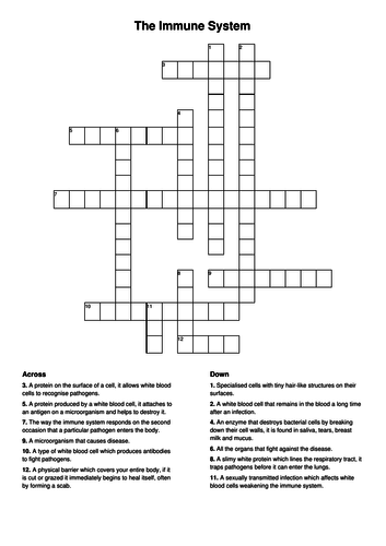 Immune system crossword puzzle KS4 Teaching Resources
