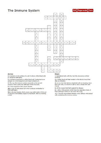 Immune system crossword puzzle KS4 Teaching Resources