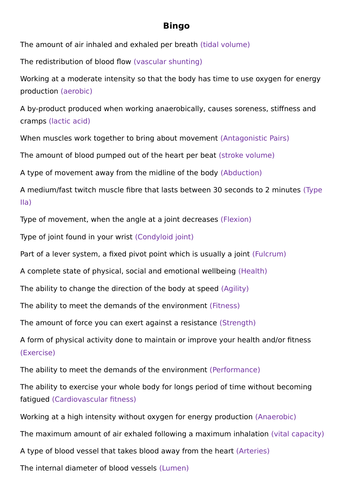 Bingo - Fun Revision Activity for GCSE PE Edexcel Course (2016 onwards)