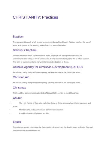 AQA RS GCSE Key Words Booklet Christianity: Practices