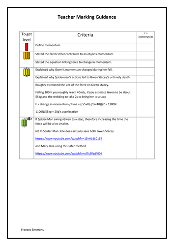 Formative task on momentum (SOLO, physics, momentum, forces, impulse)