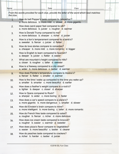 Comparative Adjectives Multiple Choice Worksheet | Teaching Resources