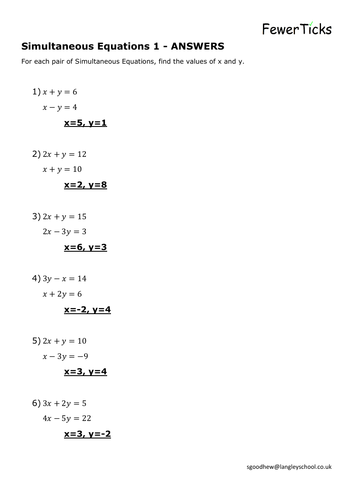Simultaneous Equations Worksheet | Teaching Resources