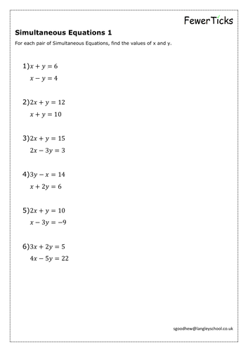 Simultaneous Equations Worksheet Teaching Resources 7350