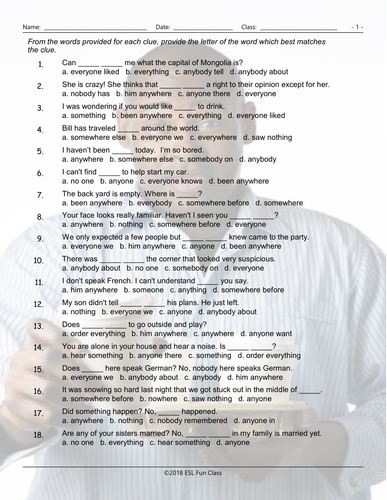 Indefinite Pronouns Multiple Choice Worksheet Teaching Resources