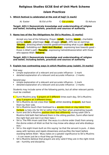 AQA GCSE RS Spec A (1-9) Islam Practices Assessment