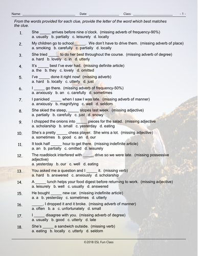 Parts Of Speech Multiple Choice Worksheet Teaching Resources