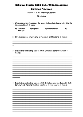 AQA GCSE RS Spec A (1-9) Christian Practices Assessment
